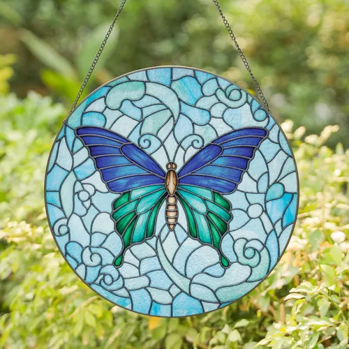 Graceful Blue Emerald Butterfly Swirling Mosaic - Home Decor Gift for Butterfly Lovers Stained Glass Suncatcher