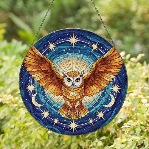 Majestic Owl Flight Celestial Starburst Moon Night Sky - Home Decor Gift for Wildlife Lover Stained Glass Suncatcher