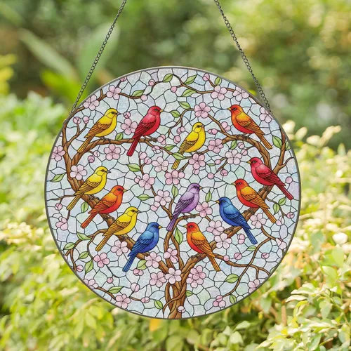 Colorful Songbirds Pink Cherry Blossoms Lush Leaves Heart Tree - Wildlife Lover Gift Stained Glass Suncatcher