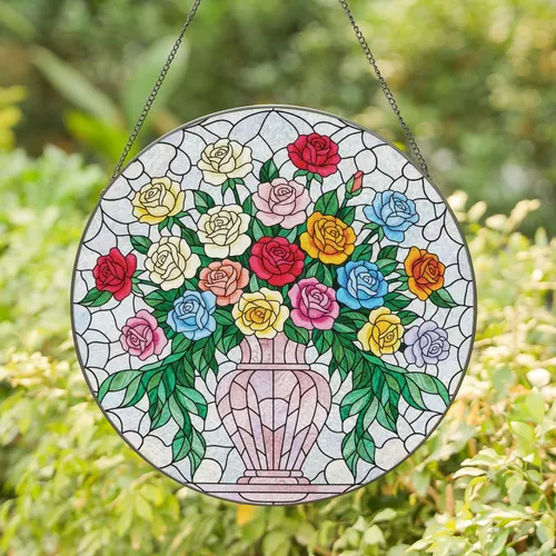 Roses Floral Bouquet Stained Glass Vase - Home Decor Gift for Garden Lover Stained Glass Suncatcher