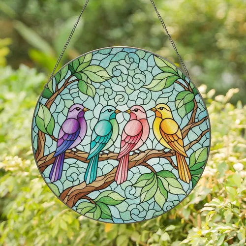 Four Colorful Birds Winding Branch Leaves - Nature Lover Bird Watcher Home Decor Gift Stained Glass Suncatcher