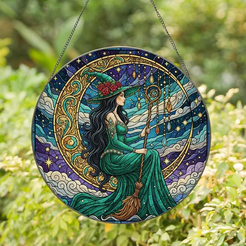 Witch Crescent Moon Staff Red Rose Hat Dangling Jewels Cosmic Nebulae - Home Decor Gift Stained Glass Suncatcher