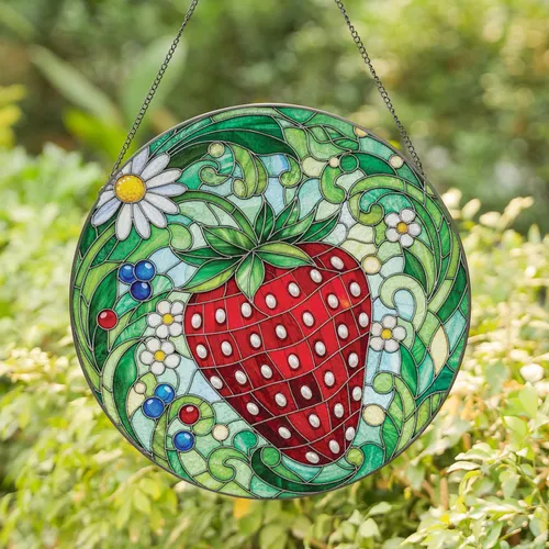 Strawberry Daisy Flower Berries Leafy Garden - Home Decor Gift for Garden Lover Stained Glass Suncatcher