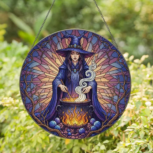 Witch Jewel Hat Cauldron Flames Orb Stones Gnarled Branches Purple Buds - Home Decor Gift Stained Glass Suncatcher