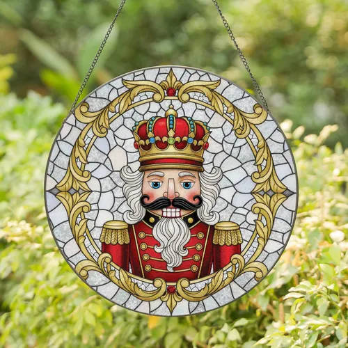 Nutcracker Soldier Bust Red Gold Crown Golden Frame Snowflakes - Christmas Decor Gift Stained Glass Suncatcher