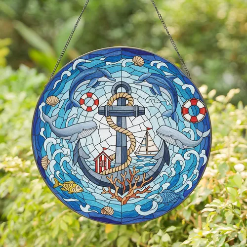 Ship Anchor Dolphins Whales Ocean Waves - Coastal Home Decor Gift for Sea Lover Stained Glass Suncatcher