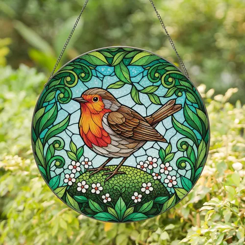 European Robin Orange Breast Bird Mossy Hill Flowers - Wildlife Lover Home Decor Gift Stained Glass Suncatcher