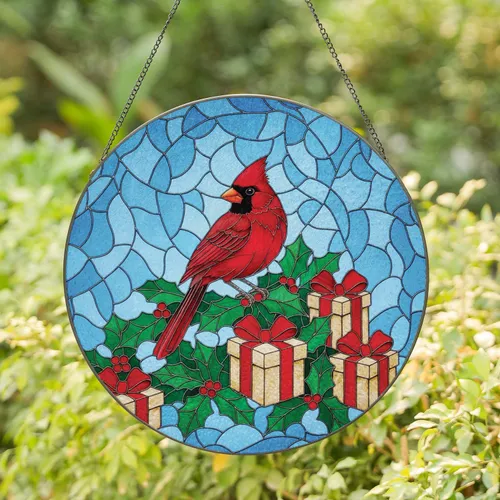 Red Cardinal Holly Berries Gift Boxes Mosaic - Christmas Home Decor Gift Stained Glass Suncatcher