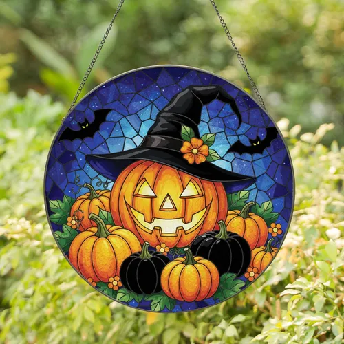 Grinning Jack-o'-lantern Witch Hat Pumpkins Bats - Halloween Decor Stained Glass Suncatcher