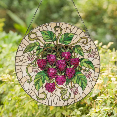 Ripe Raspberry Cluster Green Leaves Tendrils - Home Decor Gift for Garden Lover and Gardener Stained Glass Suncatcher