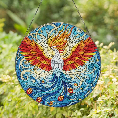 Fiery Phoenix Soaring Wings Swirling Sky - Home Decor Gift for Nature Lover Stained Glass Suncatcher