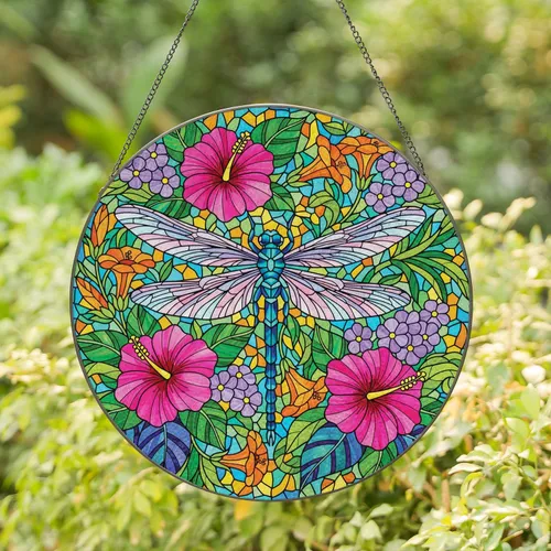 Dragonfly Hibiscus Exotic Flowers - Nature Home Decor Gift Stained Glass Suncatcher