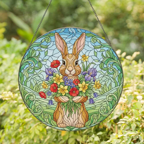 Alert Rabbit Holding Flower Bouquet Lush Green Foliage - Spring Home Decor Gift Stained Glass Suncatcher