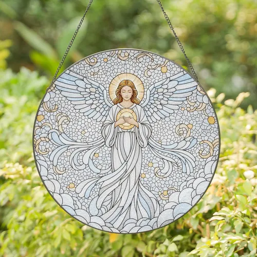 Luminous Angel Golden-Orange Orb Feathered Wings Celestial Mosaic - Home Decor Gift Stained Glass Suncatcher