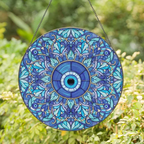 Evil Eye Mandala Leaf Teardrop Golden Bead Jewel Swirling Lines - Home Decor Gift Stained Glass Suncatcher