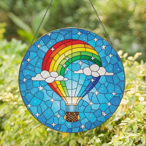 Hot Air Balloon Rainbow Stars - Home Decor Gift for Travel Lover Stained Glass Suncatcher