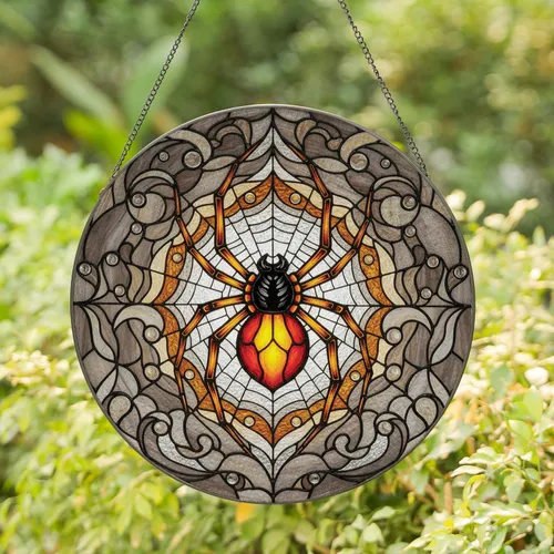 Central Spiderweb with Black Orange Spider - Halloween Gift for Wildlife Lover Stained Glass Suncatcher
