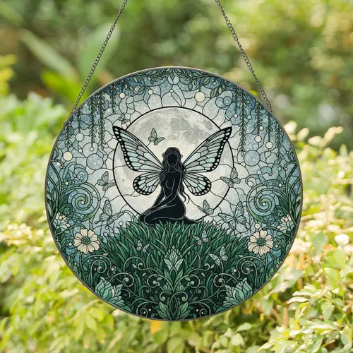 Ethereal Fairy Silhouette Full Moon Butterflies Botanical Vines - Home Decor Gift for Garden Lover Stained Glass Suncatcher