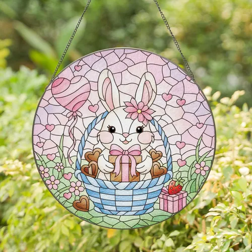 White Bunny Floral Bow Gift Box Hearts Balloon Strawberry - Home Decor Celebration Gift Stained Glass Suncatcher