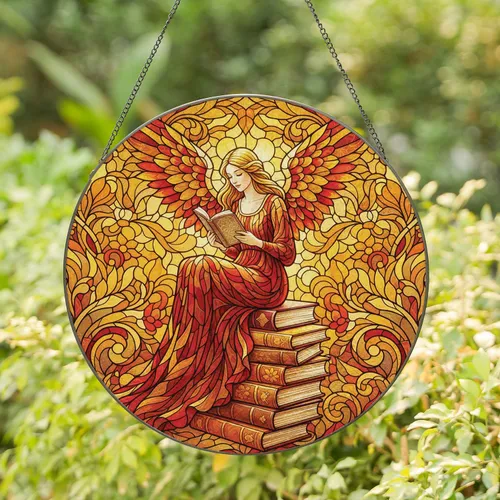 Graceful Winged Figure Reading Antique Books - Reading Lover Home Decor Gift Stained Glass Suncatcher