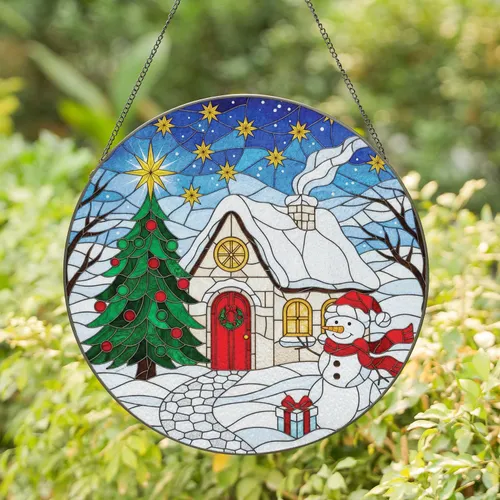 Snow-Covered Cottage Christmas Tree Snowman Gifts - Festive Holiday Decor Stained Glass Suncatcher