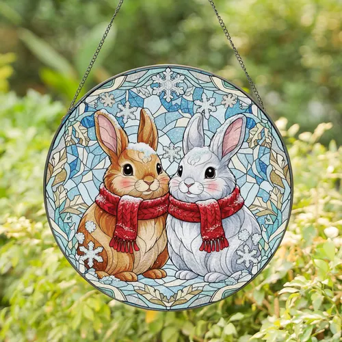 Frosted Winter Rabbits Snowflakes - Home Decor Gift for Rabbit Lover Stained Glass Suncatcher
