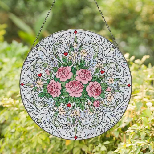 Pink Roses Wildflowers Ruby Hearts - Home Decor Gift for Garden Lover Stained Glass Suncatcher