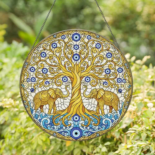 Tree of Life Golden Elephants Evil Eye - Home Decor Gift for Elephant Lover Stained Glass Suncatcher