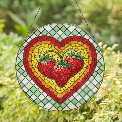 Vibrant Red Strawberries Heart Shaped Mosaic Border - Kitchen Home Decor Gift for Fruit Lover Stained Glass Suncatcher