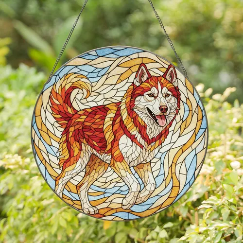 Husky Dog Mid-Trot Tongue Visible - Home Decor Gift for Dog Lover Stained Glass Suncatcher