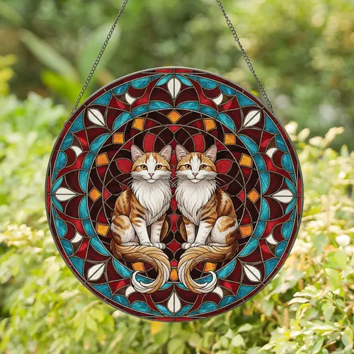 Fluffy Cats Stained Glass Mosaic - Home Decor Gift for Cat Lover Stained Glass Suncatcher