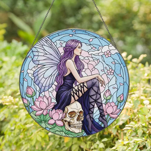 Seated Purple Hair Fairy Butterfly Skull Lotus Cherry Blossom - Home Decor Gift Stained Glass Suncatcher