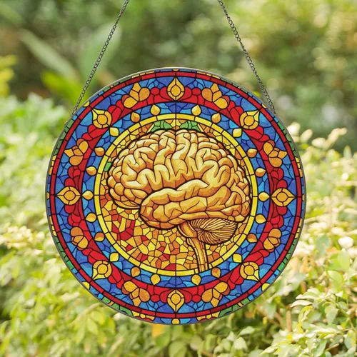 Luminous Golden Amber Human Brain Geometric Decor - Home Decor Gift Stained Glass Suncatcher