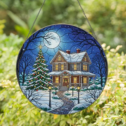Snowy Victorian House Christmas Tree Night - Christmas Winter Home Decor Gift Stained Glass Suncatcher