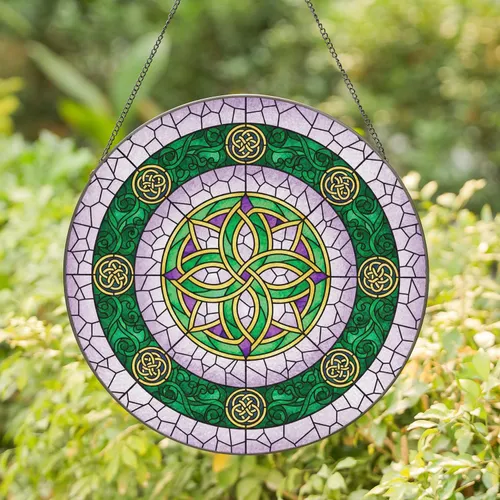 Luminous Translucent Celtic Knot Vine Medallion Cloudy Backdrop - Window Decor Gift Stained Glass Suncatcher