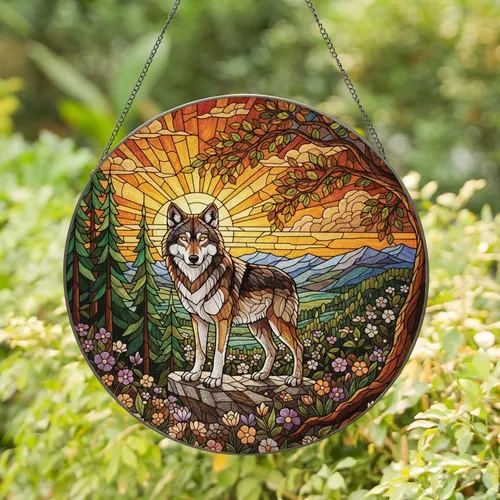 Wolf Mountain Wildflower Sunset - Wildlife Lover Home Decor Gift for Wolf Lovers Stained Glass Suncatcher
