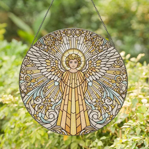 Cherubic Angel Golden Halo Iridescent Layered Wings Flowing Robe - Home Decor Gift Stained Glass Suncatcher