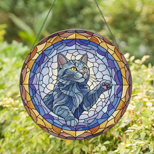 Blue-Gray Cat Raised Paw Yellow Eyes - Home Decor Gift for Cat Lovers Stained Glass Suncatcher