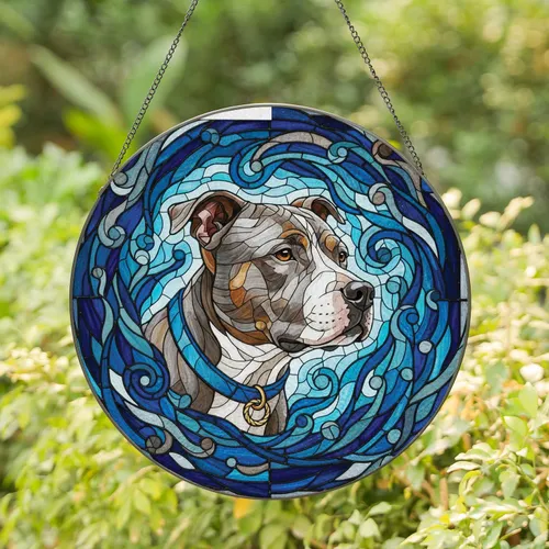Pitbull Type Dog Head Blue Collar Gold Ring - All Seasons Home Decor for Pitbull Lovers Stained Glass Suncatcher