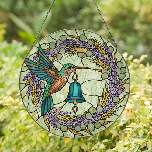 Hummingbird Bell Wreath Lavender Wheat - Home Decor Gift for Bird Lover Stained Glass Suncatcher