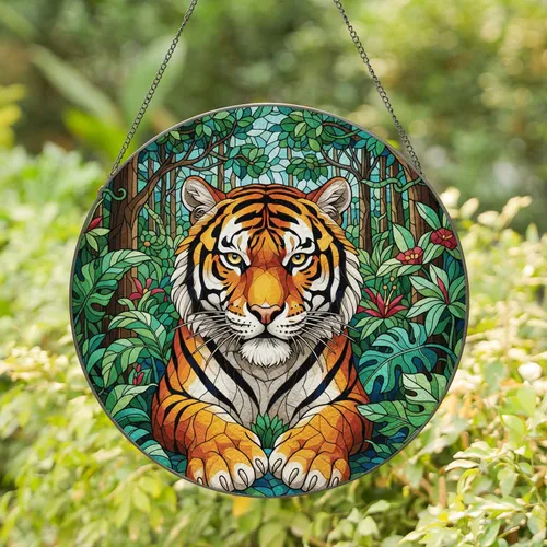 Majestic Stained Glass Tiger Jungle Foliage - Wildlife Lover Home Decor Gift Stained Glass Suncatcher