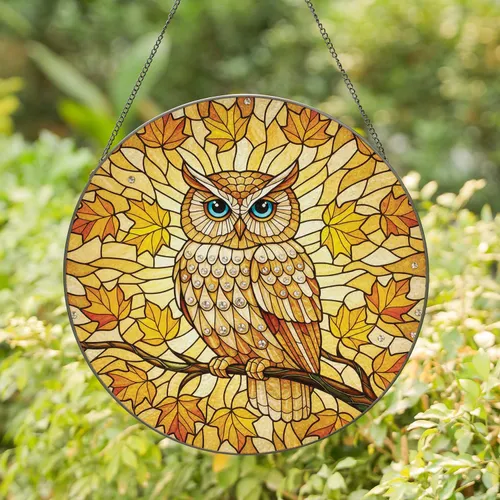 Stained Glass Owl Autumn Leaves Branch - Home Decor Gift for Wildlife Lover Stained Glass Suncatcher