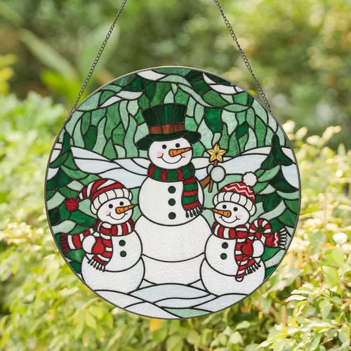 Snowmen Striped Hats Scarves Golden Star Candy Cane - Holiday Decor Gift for Family Stained Glass Suncatcher