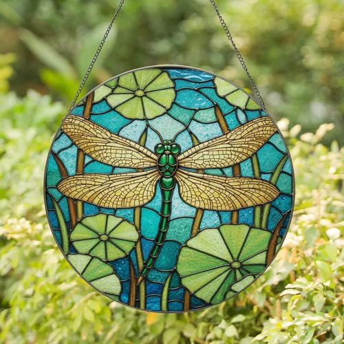 Emerald Green Dragonfly Water Lily Reeds - Wildlife Lover Home Decor Gift Stained Glass Suncatcher