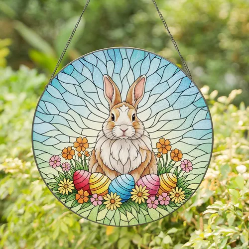 Easter Rabbit Easter Eggs Spring Flowers - Easter Holiday Gift Stained Glass Suncatcher