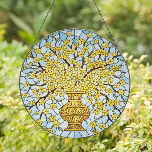 Golden Amber Vase Yellow Cherry Blossom Branches - Everyday Home Decor Gift for Window Display Stained Glass Suncatcher