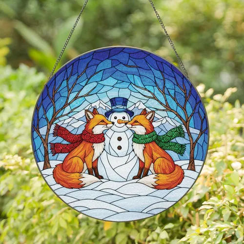 Orange Foxes Snowman Winter Landscape - Winter Home Decor Gift for Fox Lover Stained Glass Suncatcher