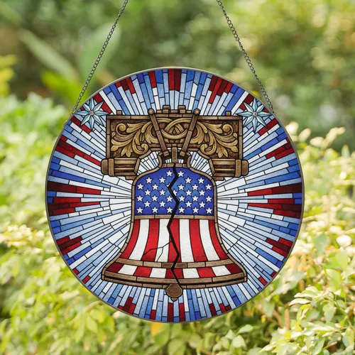Cracked Liberty Bell American Flag - Independence Day Home Decor Gift for Veterans Stained Glass Suncatcher