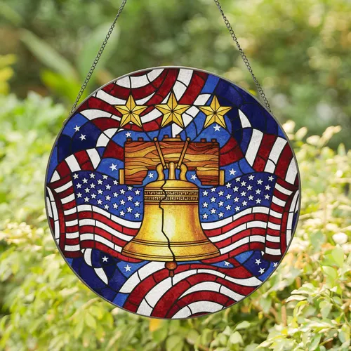 Cracked Liberty Bell American Flags Golden Stars - Independence Day Celebrations Decor Stained Glass Suncatcher