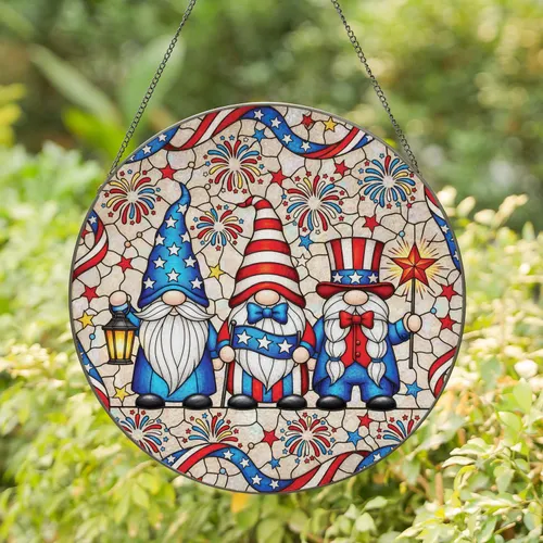 Luminous Patriotic Gnomes Stained Glass - Independence Day Gift for Veterans Stained Glass Suncatcher